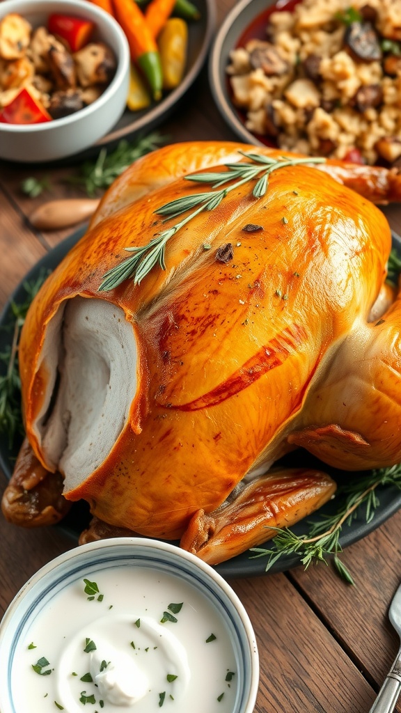 Roasted turkey on a wooden table with yogurt sauce and fresh herbs, surrounded by side dishes.
